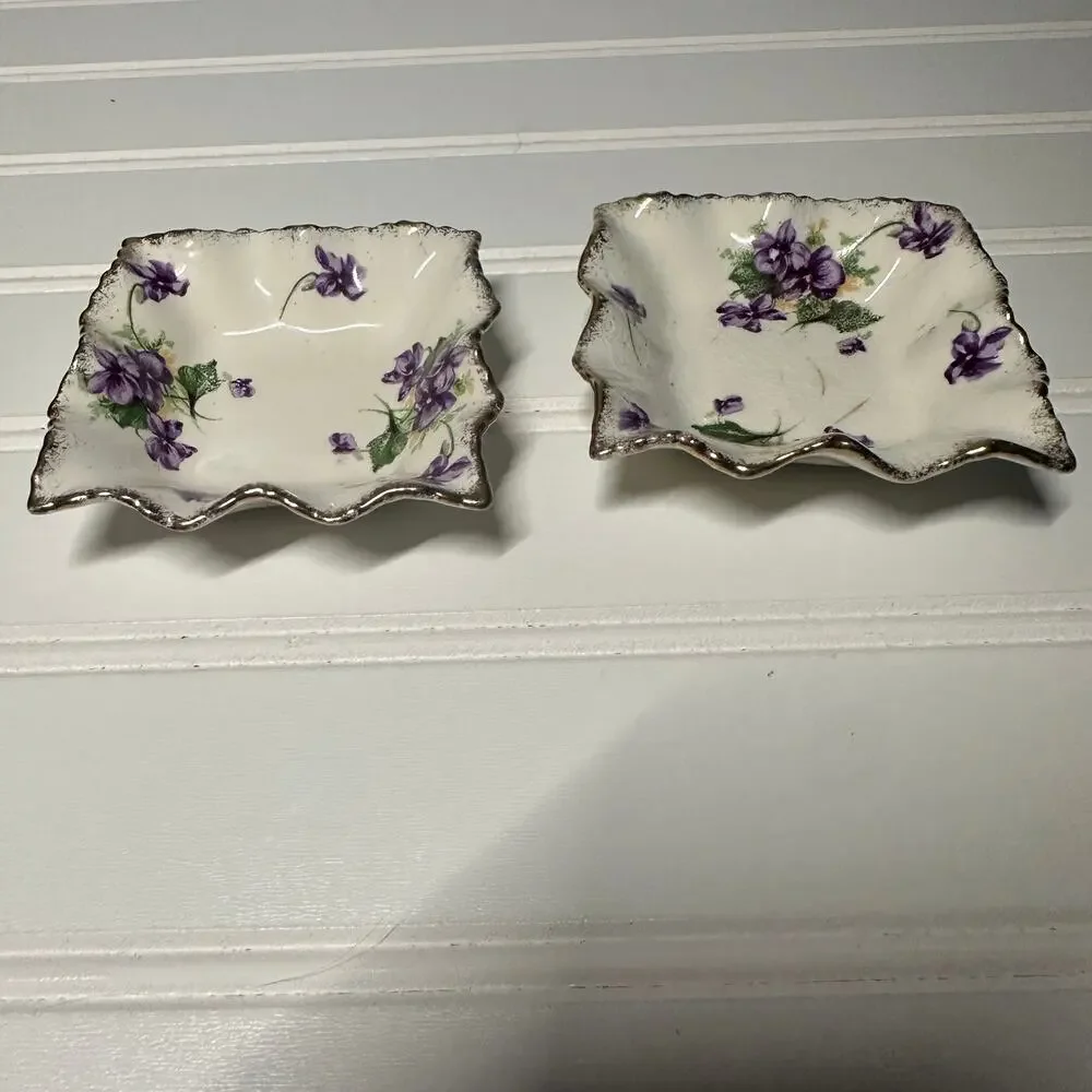 Two James Kent Longton #3090 Violet Trinket‎ Dishes with Ruffle Edges Gold Trim